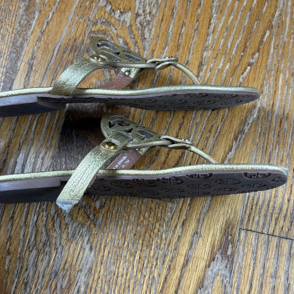 Tory Burch Miller Sandals Gold Metallic Leather Logo Thong Flats Size 7M